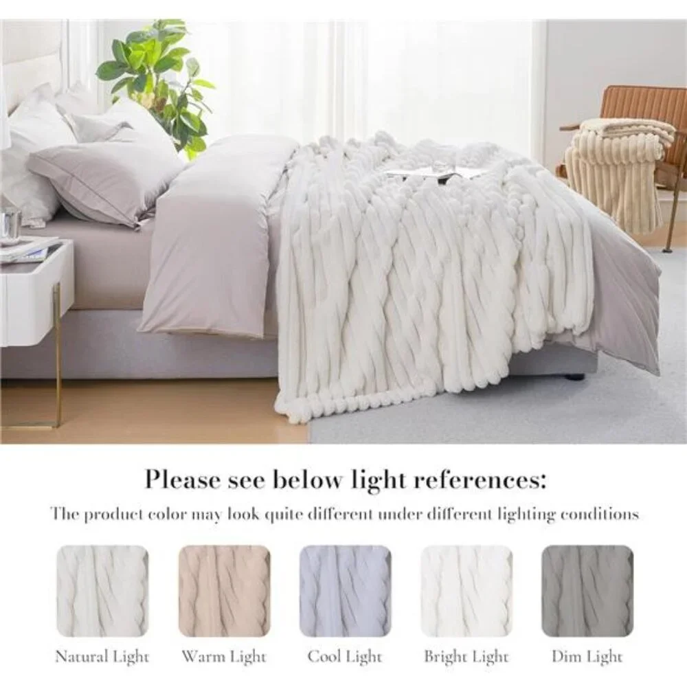 Faux Fur Throw Blanket Cozy Soft Plush Fuzzy Striped Blanket Couch Sofa Bedroom